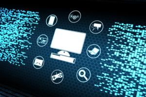 Digital illustration of a computer connected to communication, search, security, and data services, representing business IT support.