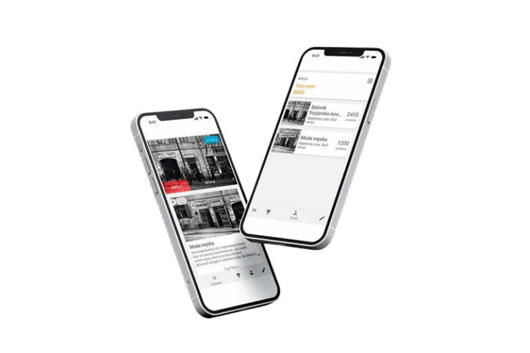 Lubelscy Kupcy mobile app illustrations, two mobile phones with Lubelscy Kupcy app screenshots