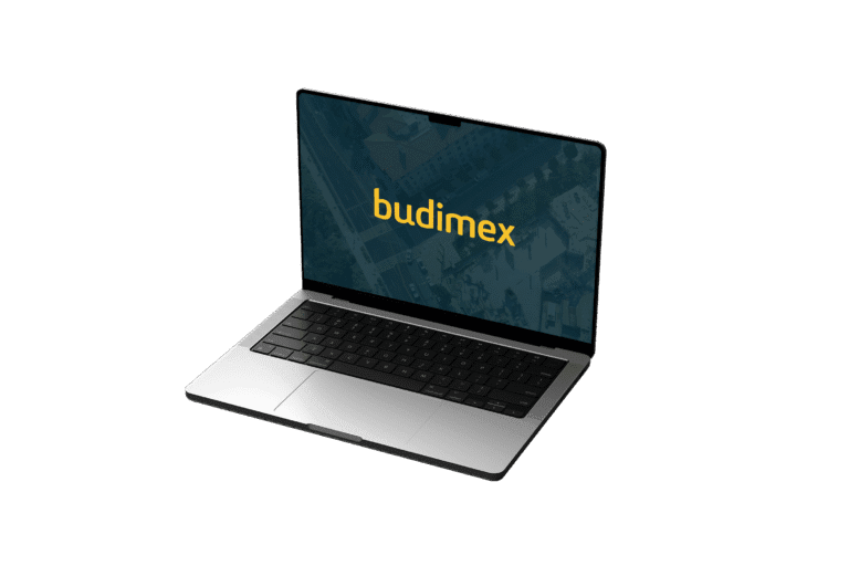 Budimex laptop illustration showing Budimex logo
