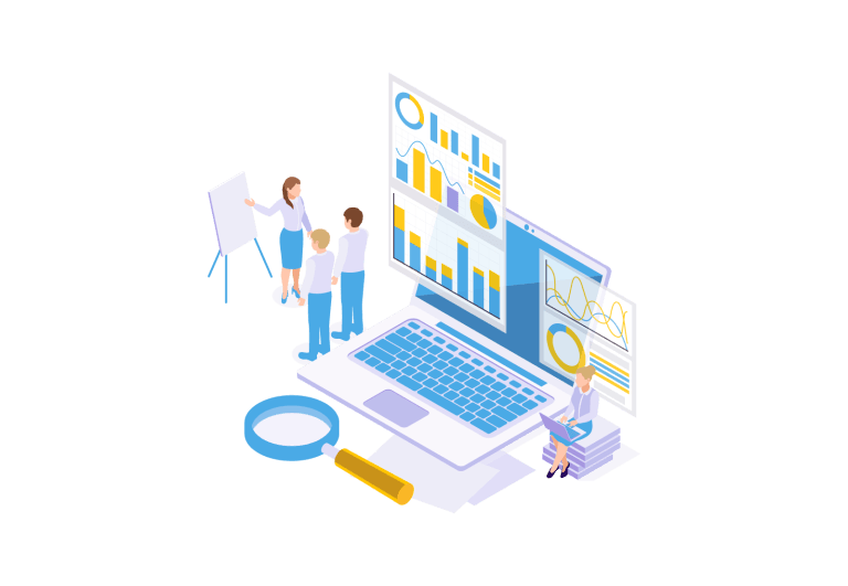 Test and analytics illustration with people and statistics