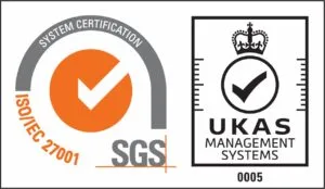 SGS ISO 27001 certification and UKAS Management Systems accreditation logos.