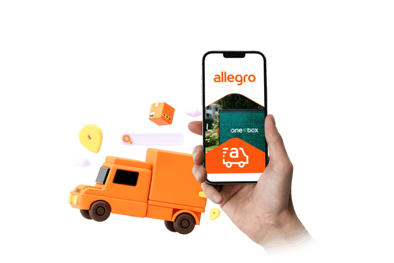 Allegro case study mobile illustration showcasing a mobile app and an illustration of a delivery wehicle with delivery illustration elements around
