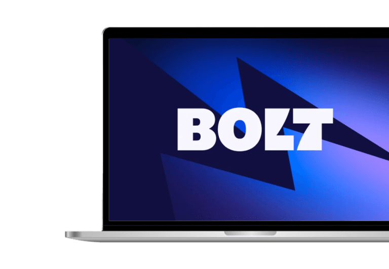Case study laptop illustration showcasing a BOLT logo on abstract background