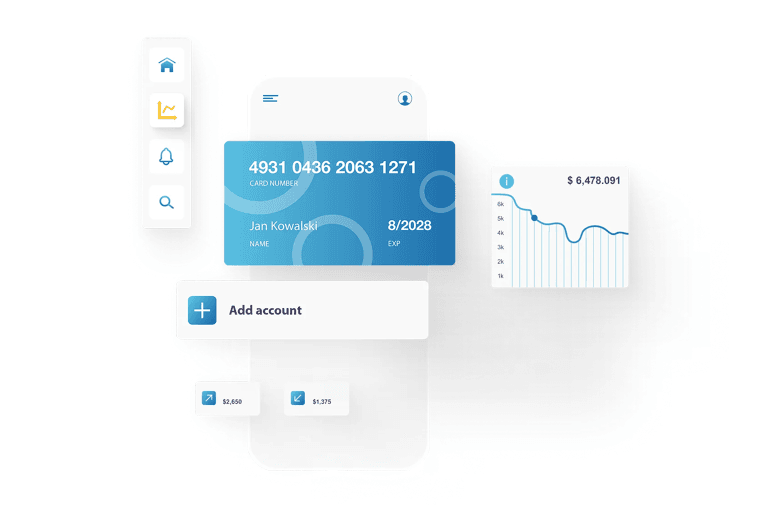 Illustration for the Banking and Finance insustry. The illustration shows credit card and UI elements of a banking app