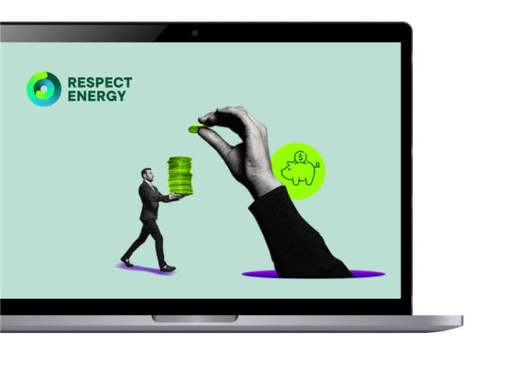 Respect Energy case study laptop illustration, money savings and advanced technology