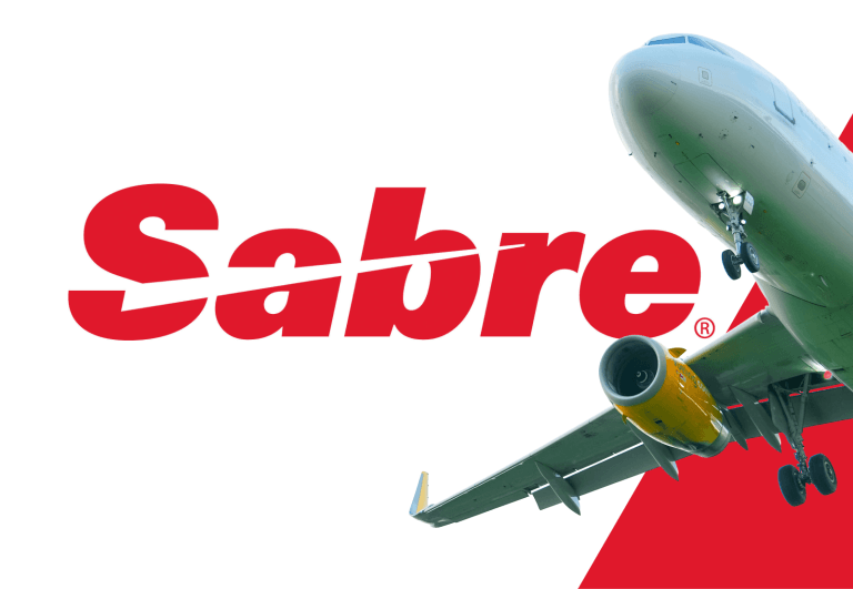 Illustration of a plane and Sabre logo