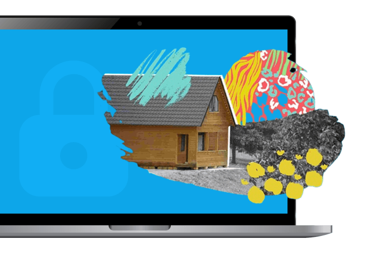 Laptop with a security symbol and a property, illustrating digitalization and secure data management in real estate-related processes.