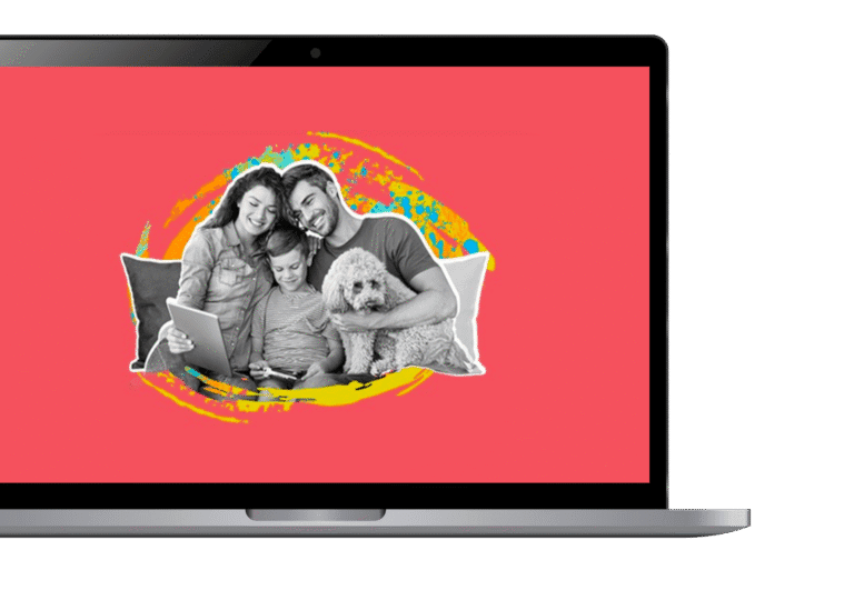 Laptop with a family and a dog illustrating safe house environment