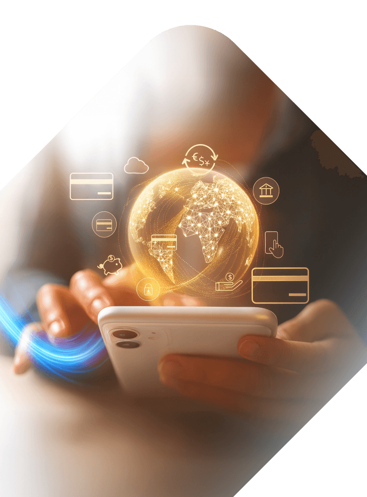 Smartfon w dłoni z hologramem globu i ikonami płatności, symbol cyfrowych usług finansowych, fintech i globalnych transakcji online.