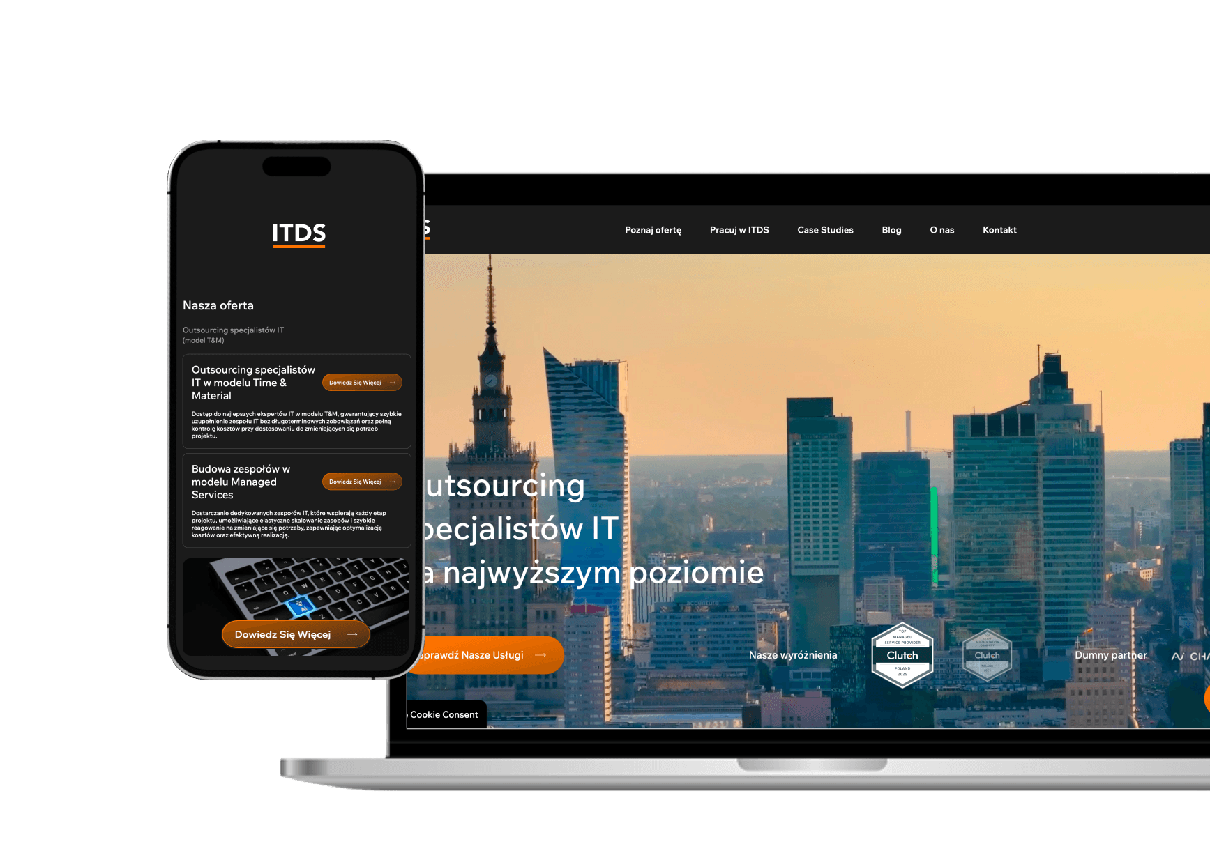 Strona firmy IT na laptopie i smartfonie z ofertą outsourcingu specjalistów IT i zespołów developerskich, przedstawiająca skalowanie zespołów i wsparcie technologiczne.
