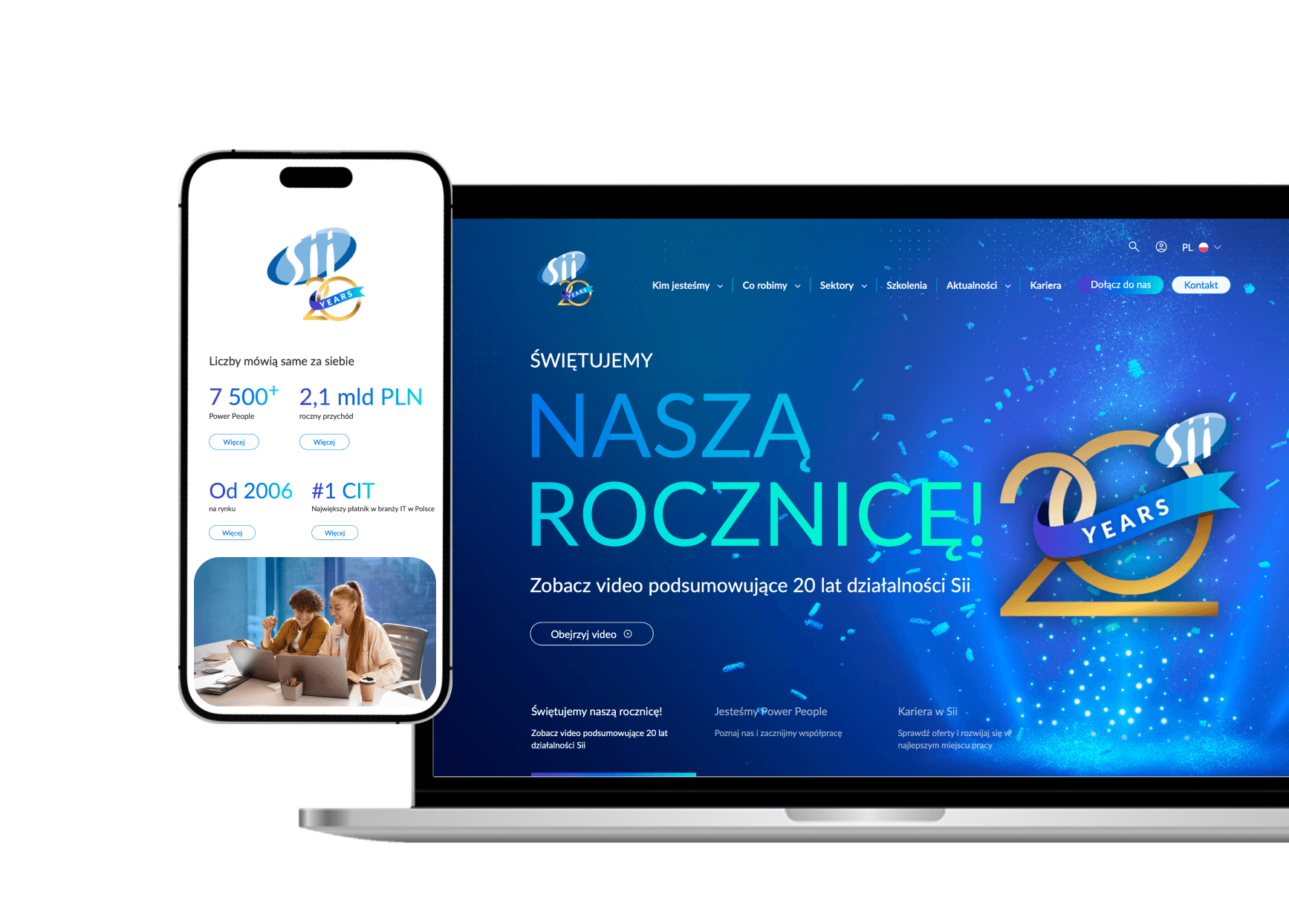 Strona internetowa firmy IT wyświetlana na laptopie i smartfonie z komunikatem o 20-leciu działalności, prezentująca osiągnięcia i rozwój organizacji.