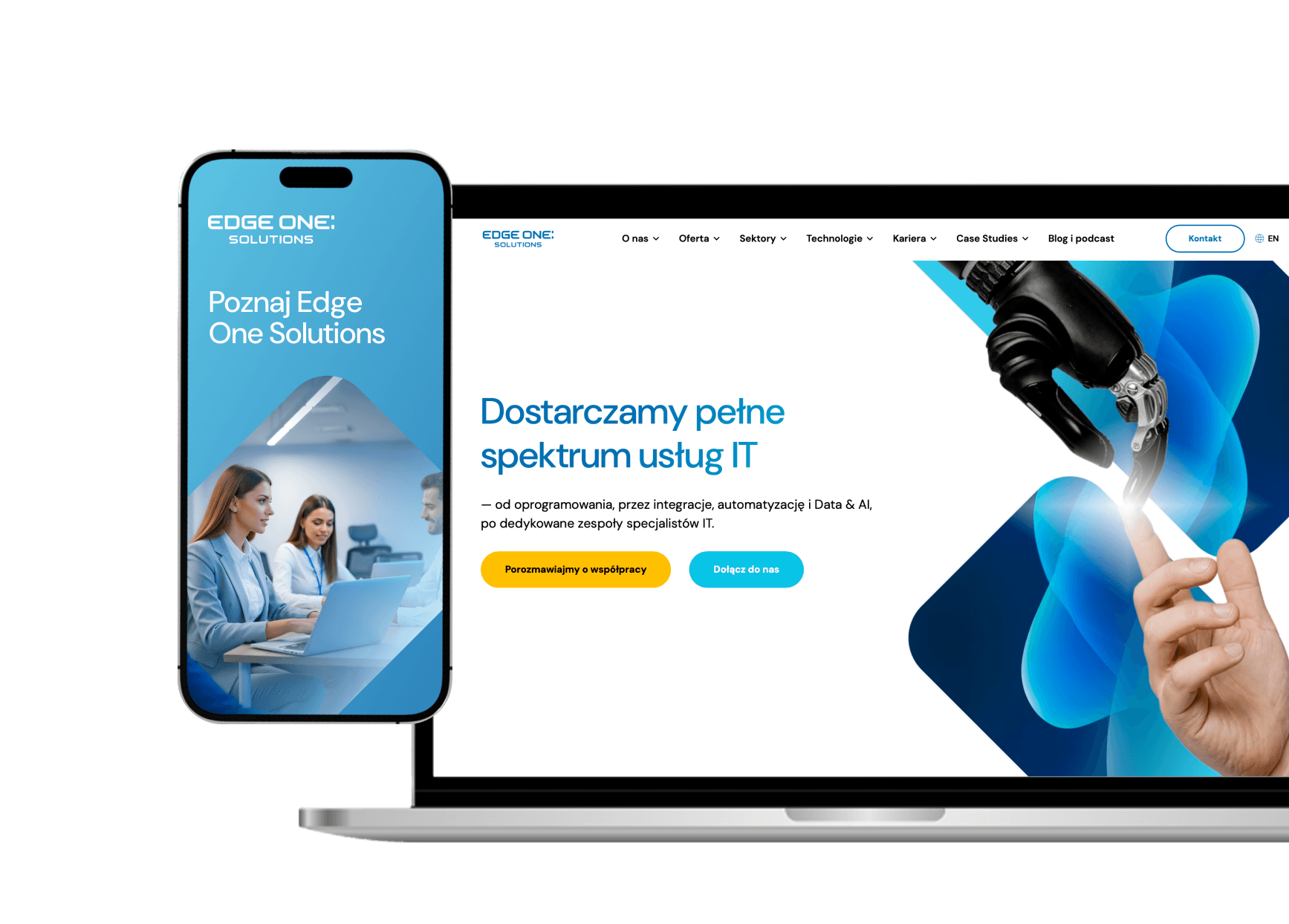 Strona Edge One Solutions na laptopie i smartfonie z ofertą usług IT, w tym outsourcingu, Data & AI i automatyzacji, symbol kompleksowego wsparcia technologicznego dla biznesu.