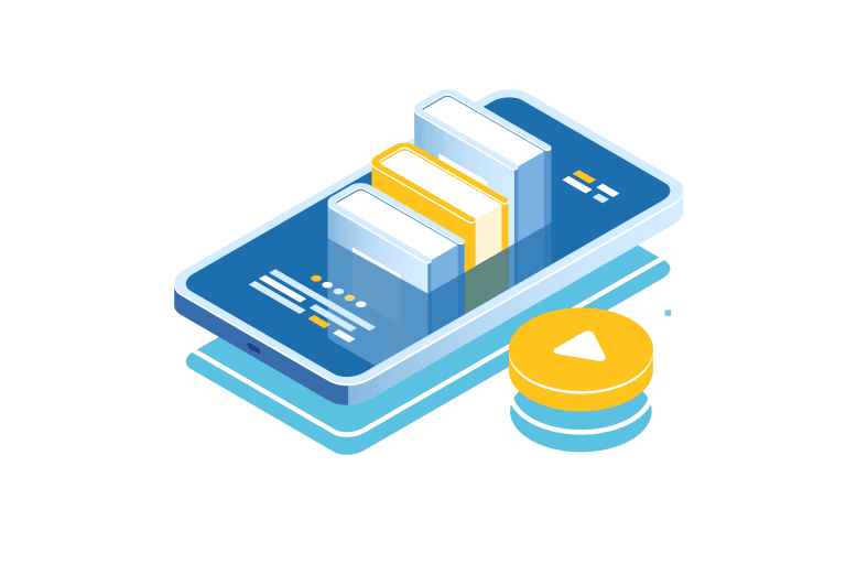 Digital learning illustration with educational content and video resources on a mobile device.